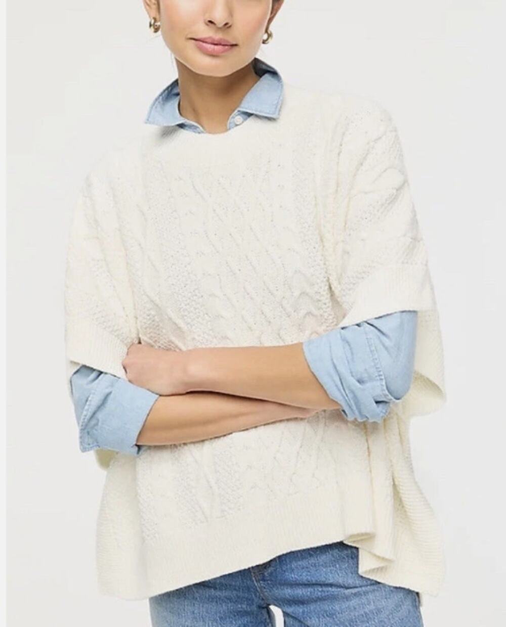 J.Crew Fisherman Cable-Knit Poncho Sweater Womens OS Cream Draped Relaxed Fit